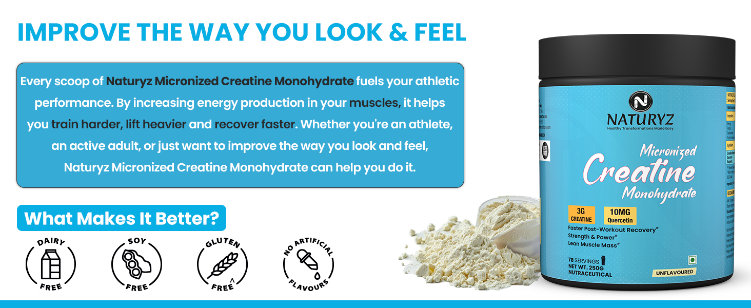 NATURYZ Pure Micronized Creatine Monohydrate | Rapid Absorption | Quercetin | Muscle Strength & Power for Intense Workout | Supports Athletic Performance | Enhances Lean Muscle Volume - 250g(Unflavoured)