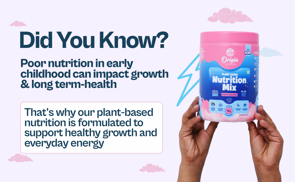 Origin Kids Nutrition Mix | Ages 13+ | 13g Plant Protein | Eye Health, Immunity & Bone Strength | Cotton Candy Swirl, 339g | No Refined Sugar | Plant-Based