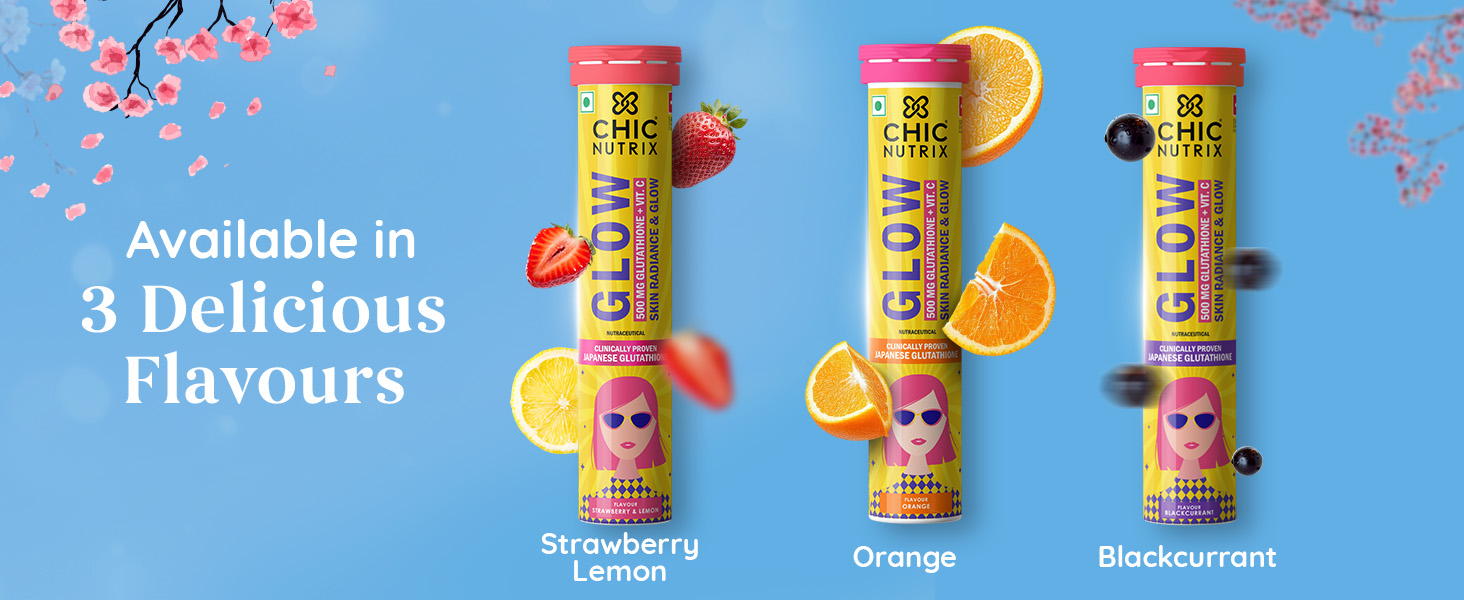 Chicnutrix Glow Glutathione Effervescent Tablets with Vitamin C |Japanese Glutathione 500mg For Radiant, Even-Toned and Glowing Skin | Sugar-Free| Strawberry Lemon Flavour, 10 Tablets (Pack of 2)