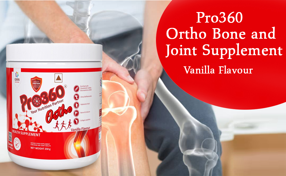 Pro360 Ortho Bone and Joint Care Supplement Nutrition Powder with Glucosomine Chondroitin MSM Collagen Peptides Boswellia Serrata Hyaluronic Acid - Diabetic Friendly - Vanilla Flavour, 250g (Nonveg)