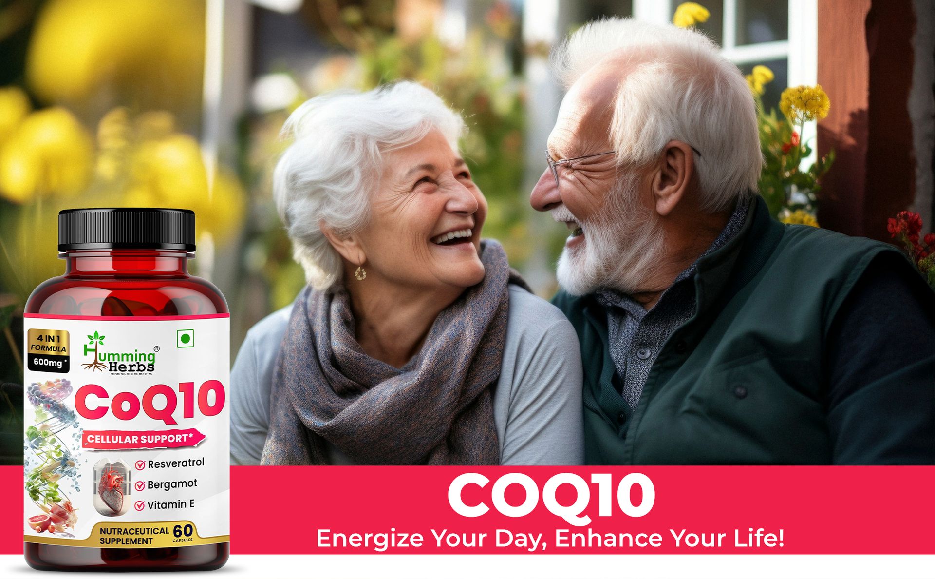 Humming Herbs CoQ10 600mg Cellular Support Supplement with Resveratrol, Bergamot & Vitamin E - Heart Health & Energy Booster - Antioxidan 60 Caps