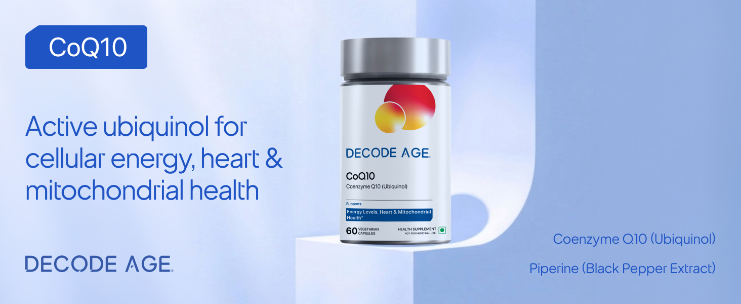 Decode Age CoQ10 (Coenzyme Q10) with Piperine 5mg for High Absorption | Ubiquinol Formula Supports Heart & Vascular Health, Cellular Energy & Healthy Ageing | 60 Capsules, 2 Month Supply