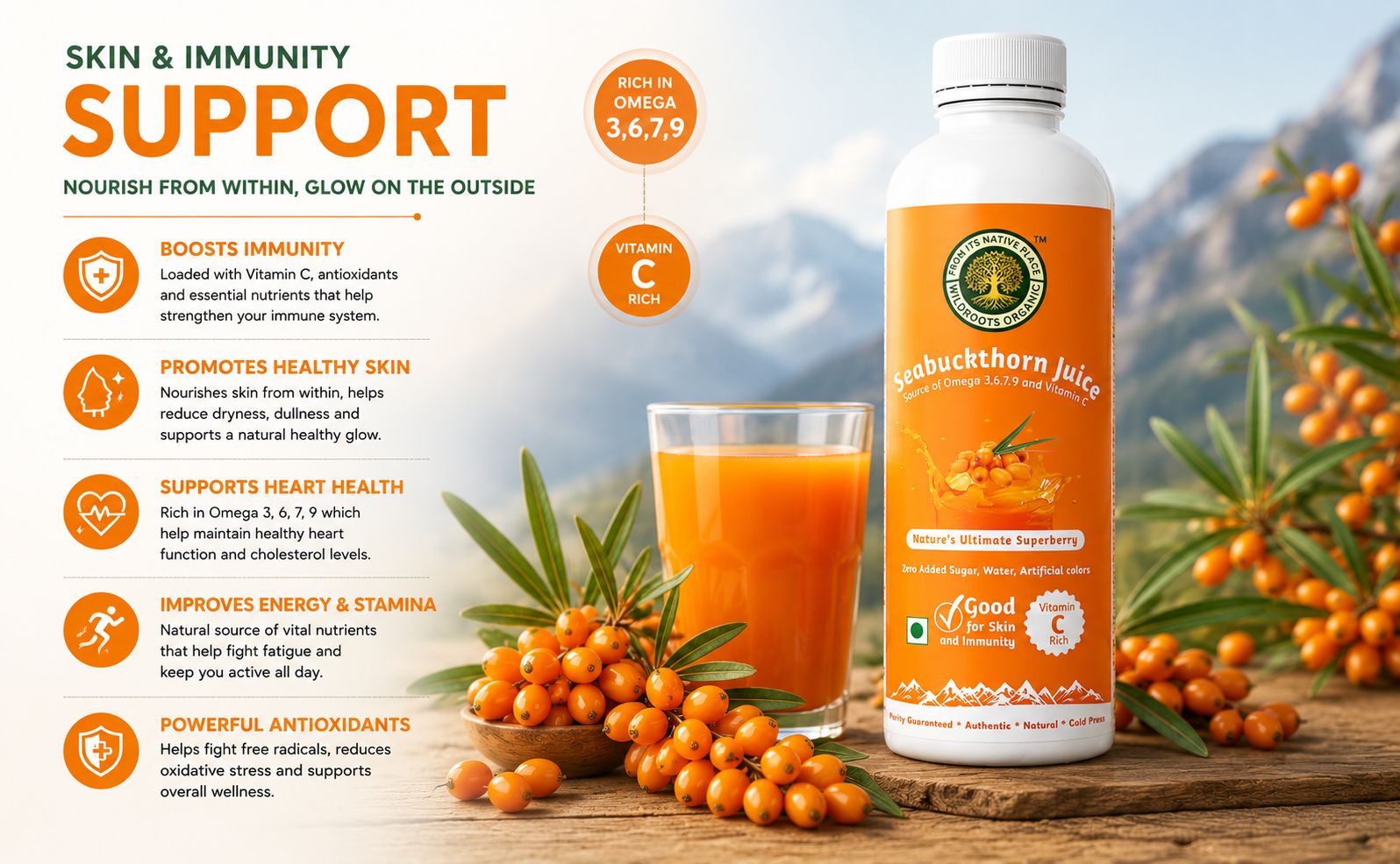 Sea Buckthorn Juice 300ml | Natural Source of Vitamin C I Omega 3 6 7 9 I High in Antioxidants | Immunity, Skin Glow & Gut Health Support | No added sugar or color