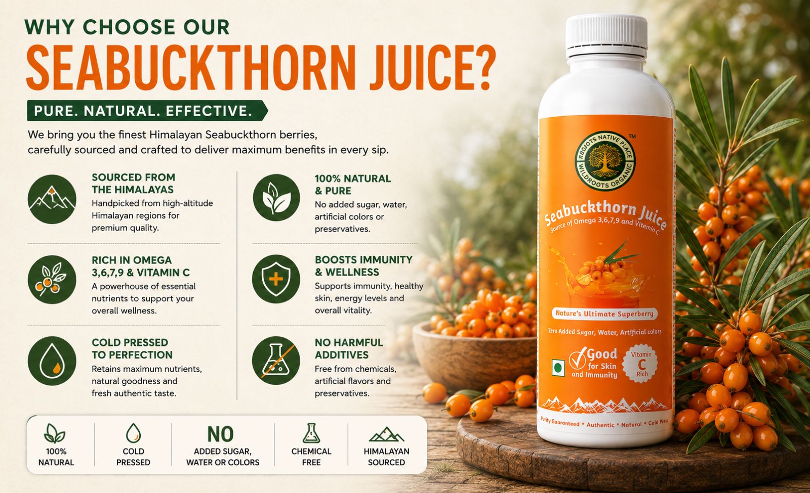 Sea Buckthorn Juice 300ml | Natural Source of Vitamin C I Omega 3 6 7 9 I High in Antioxidants | Immunity, Skin Glow & Gut Health Support | No added sugar or color