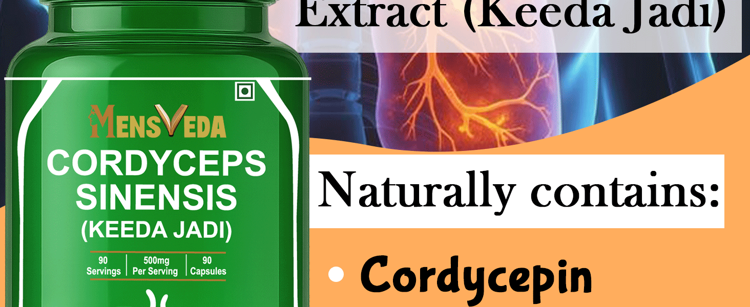Cordyceps Sinensis (Keeda Jadi) 500mg Supplement with Reishi & Turkey Tail Mushroom Extract | Energy, Stamina & Lungs Support Capsules | 90 Veg Capsules