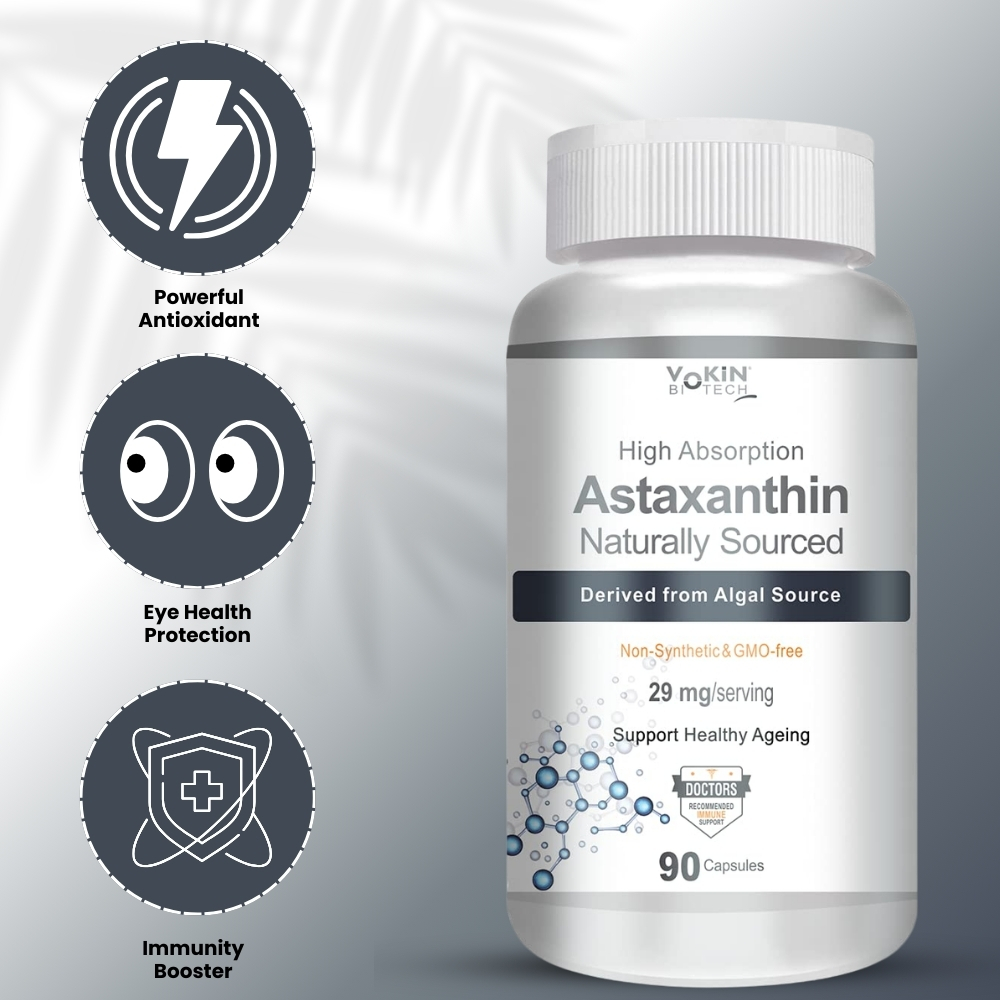 Vokin Biotech Astaxanthin 29mg - Naturally Sourced from Algae - Non-Synthetic - Best or Healthy Ageing - 90 Capsules