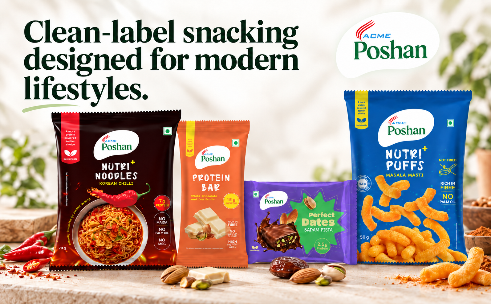 ACME Poshan Snack Variety Pack, White Chocolate & Dry Fruits Protein Bar, Nutri+ Noodles Korean Chilli, Nutri+ Puffs Tomato Twist, High Protein, No Palm Oil, No MSG Healthy Snacks Combo, Pack of 3