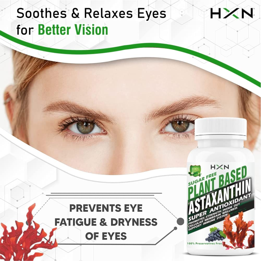 HXN Astaxanthin 6mg Supplement with Grape Seed Extract – Antioxidant Support for Eye Health & Skin Hydration – Plant-Based Formula – 60 Tablets