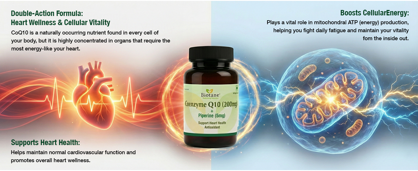 Biotane Coenzyme Q10 (CoQ10) 200 mg with Piperine 5mg | Vegetarian I Made in Technical Collaboration with Vitane Pharma USA I Support Heart Health & Cellular Wellness | For Men and Women I 30 Veg Capsules