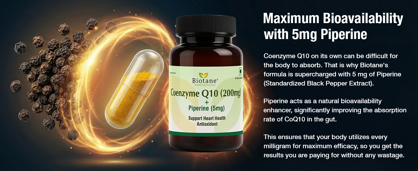 Biotane Coenzyme Q10 (CoQ10) 200 mg with Piperine 5mg | Vegetarian I Made in Technical Collaboration with Vitane Pharma USA I Support Heart Health & Cellular Wellness | For Men and Women I 30 Veg Capsules