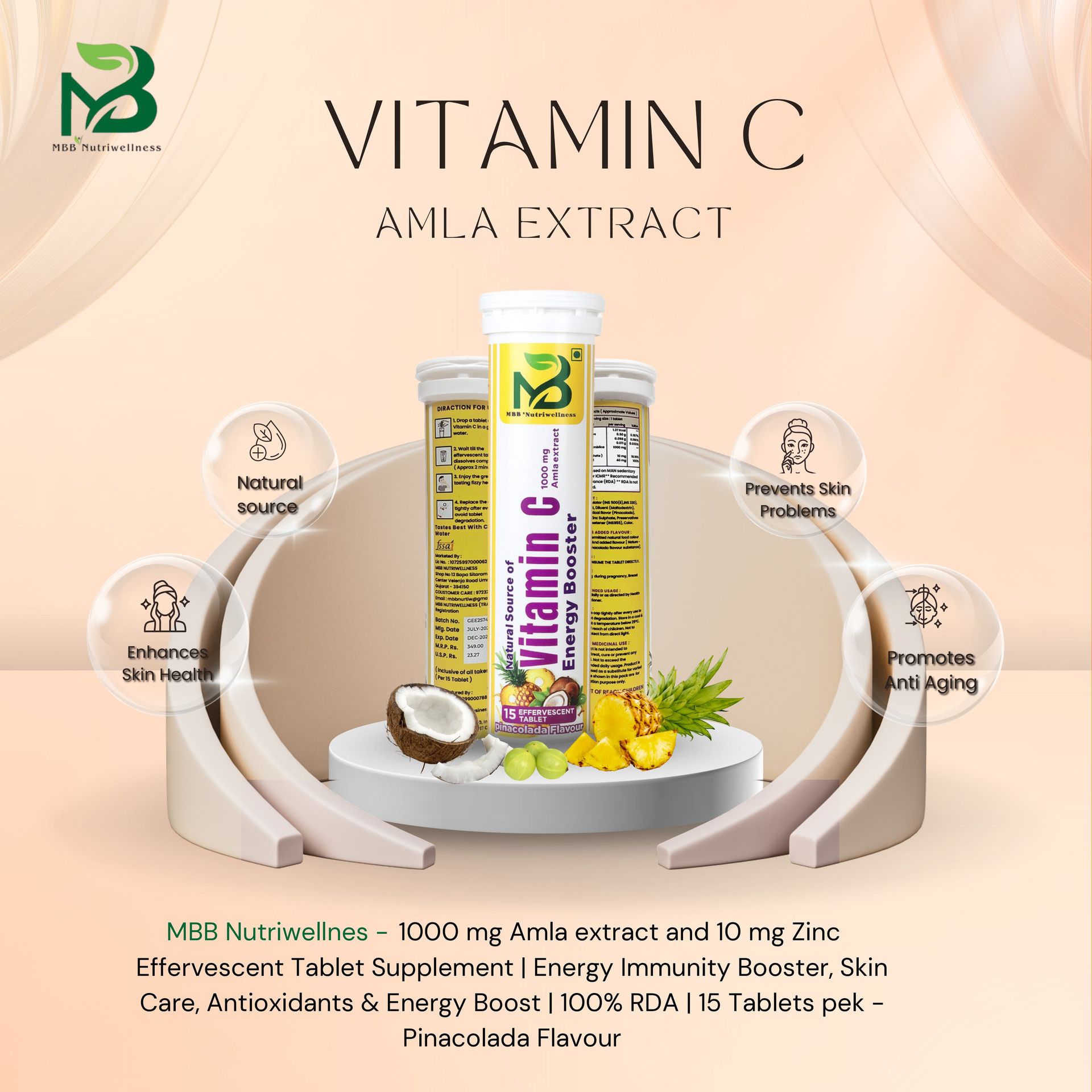 Vitamin C Effervescent Tablets, Pinacolada Flavour with Amla Extract, 1000mg, 15 Tablets (Pack of 1)