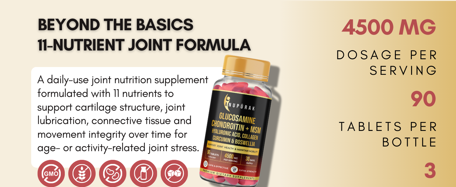 Glucosamine Chondroitin MSM Tablets | 4500mg | 11 Actives Joint Support Supplement : Collagen Type II, Hyaluronic Acid & Boswellia | Knee Mobility, Cartilage & Joint Health | 270 Tablets (90 Days)