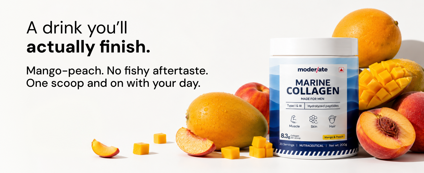 Moderate Marine Collagen Powder for Men, Type 1 & 3 Hydrolyzed Peptides with Glutathione, Vitamin C, Hyaluronic Acid, Biotin, Mango Peach Flavour, Add to Whey Shake or Any Drink, 200g