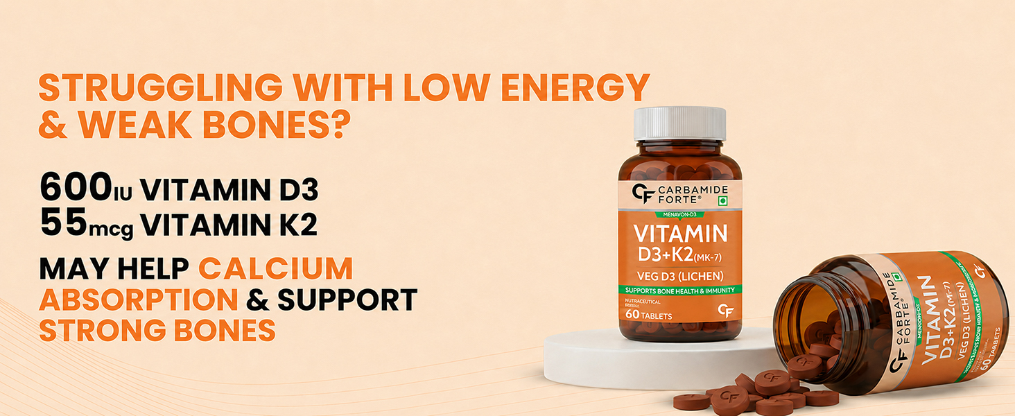Carbamide Forte Vitamin D Tablets | Vitamin D3 K2 Supplement to support Bone & Heart Health | Veg D3 Lichen - 60 Tablets