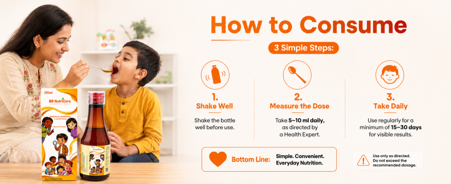 Kids Multivitamin Multimineral & L-Lysine Syrup 200ml | Daily Nutrition Supplement for Kids | Supports Growth, Immunity, Brain Development & Appetite | With Calcium, Zinc, Magnesium, Vitamin D3 & B-Complex | Orange Flavour - Pack of 1