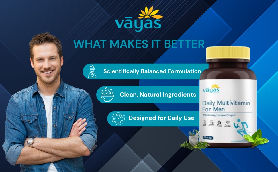 Vayas Daily Multivitamin – For Men - With 35+ Vitamins, Minerals, Antioxidants, Ginseng, Lycopene & Omega-3 – 60 Tabs – Supports Energy, Immunity, Heart & Brain Health