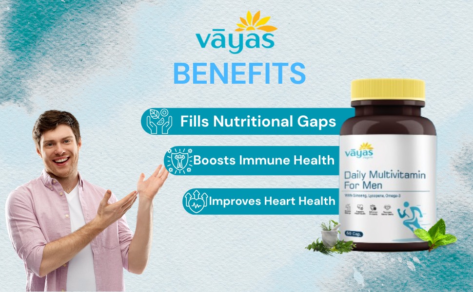 Vayas Daily Multivitamin – For Men - With 35+ Vitamins, Minerals, Antioxidants, Ginseng, Lycopene & Omega-3 – 60 Tabs – Supports Energy, Immunity, Heart & Brain Health