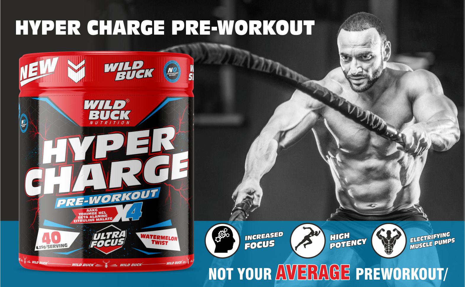 WILD BUCK Wild Pre-X4 Hardcore Pre-Workout Supplement Powder with Creatine Monohydrate,Arginine AAKG,Beta-Alanine,Explosive Muscle Pump,Caffeinated -For Unisex[40 Servings,Watermelon Twist],4.25 grams