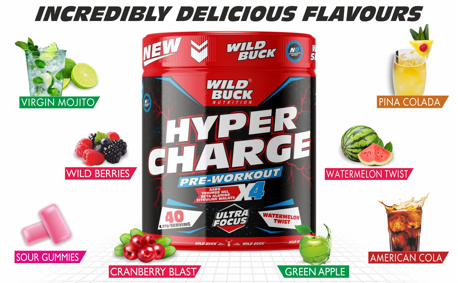 WILD BUCK Wild Pre-X4 Hardcore Pre-Workout Supplement Powder with Creatine Monohydrate,Arginine AAKG,Beta-Alanine,Explosive Muscle Pump,Caffeinated -For Unisex[40 Servings,Watermelon Twist],4.25 grams