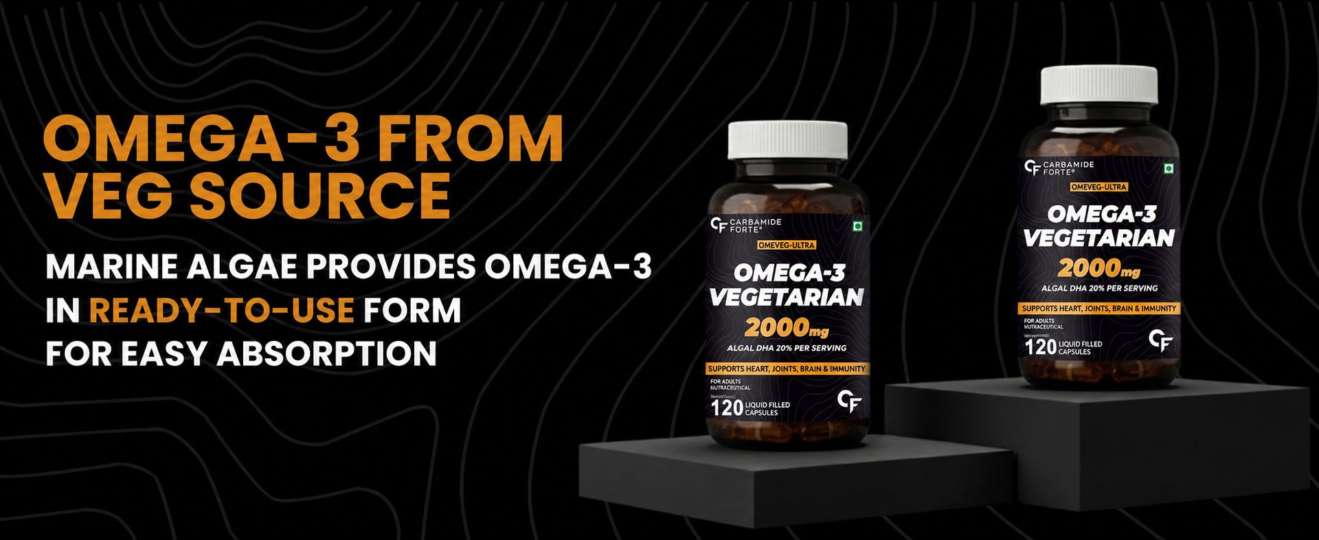 Carbamide Forte Veg Omega 3 2000mg | Plant- Based Omega 3 Supplement with 20% Algal DHA | Supports Heart, Brain & Eye Health - 120 Capsules (Pack of 2)