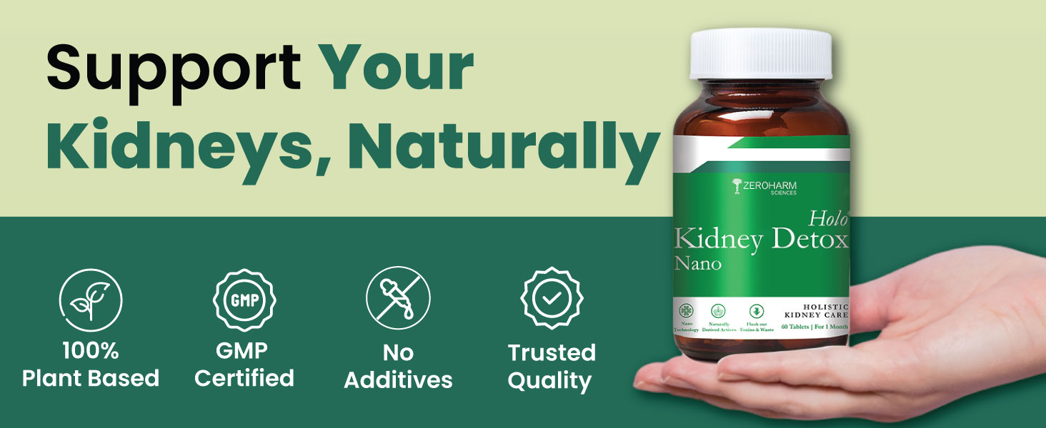 ZEROHARM Holo Kidney Detox | Herbal Creatinine & Kidney Support with Varuna, Punarnava,Pathachata | Kidney Detox & Cleanse for Men & Women | Nano Formulated Ayurvedic Health Supplement - 60 Tablets