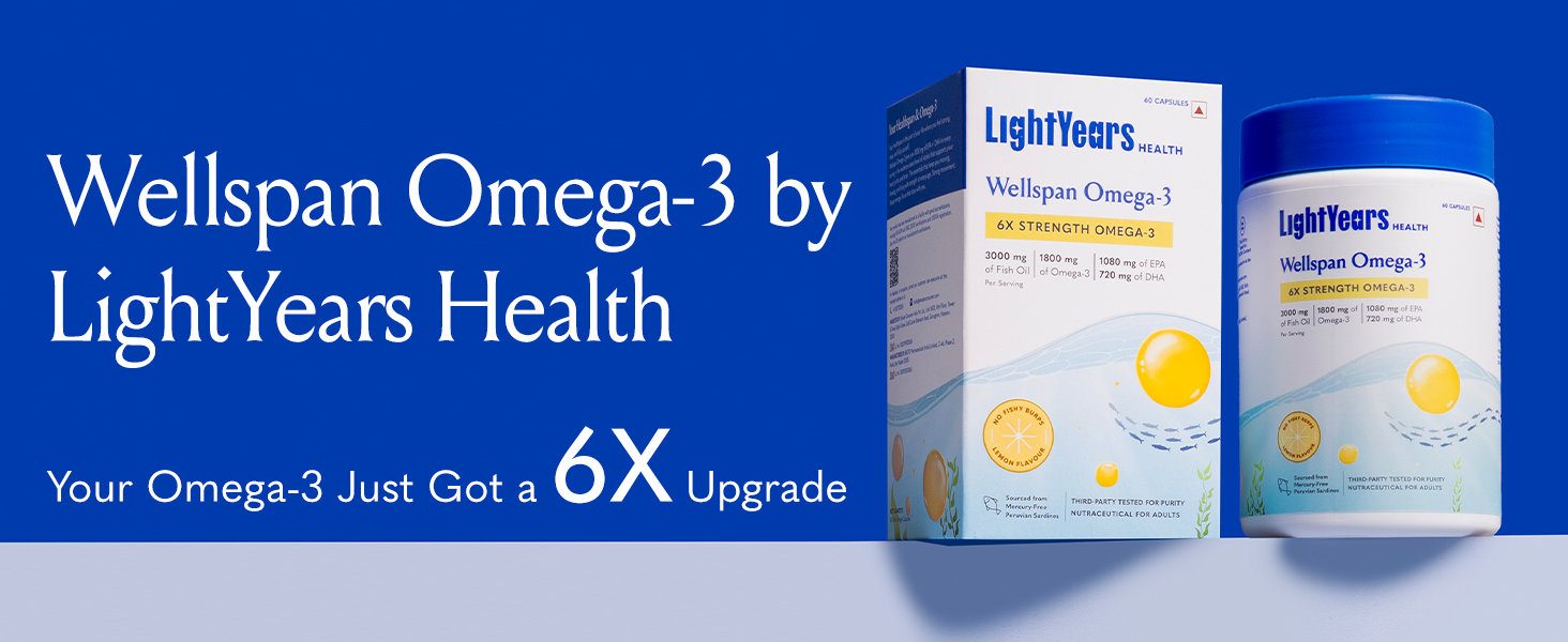 LightYears Wellspan Omega 3 Fish Oil Capsules | 6X Strength | 3000 mg Fish Oil with 1800 mg EPA DHA for Men & Women | Mercury-Free | Lemon Flavoured for No Fishy Burps | 3rd Party Tested | 60 Capsules