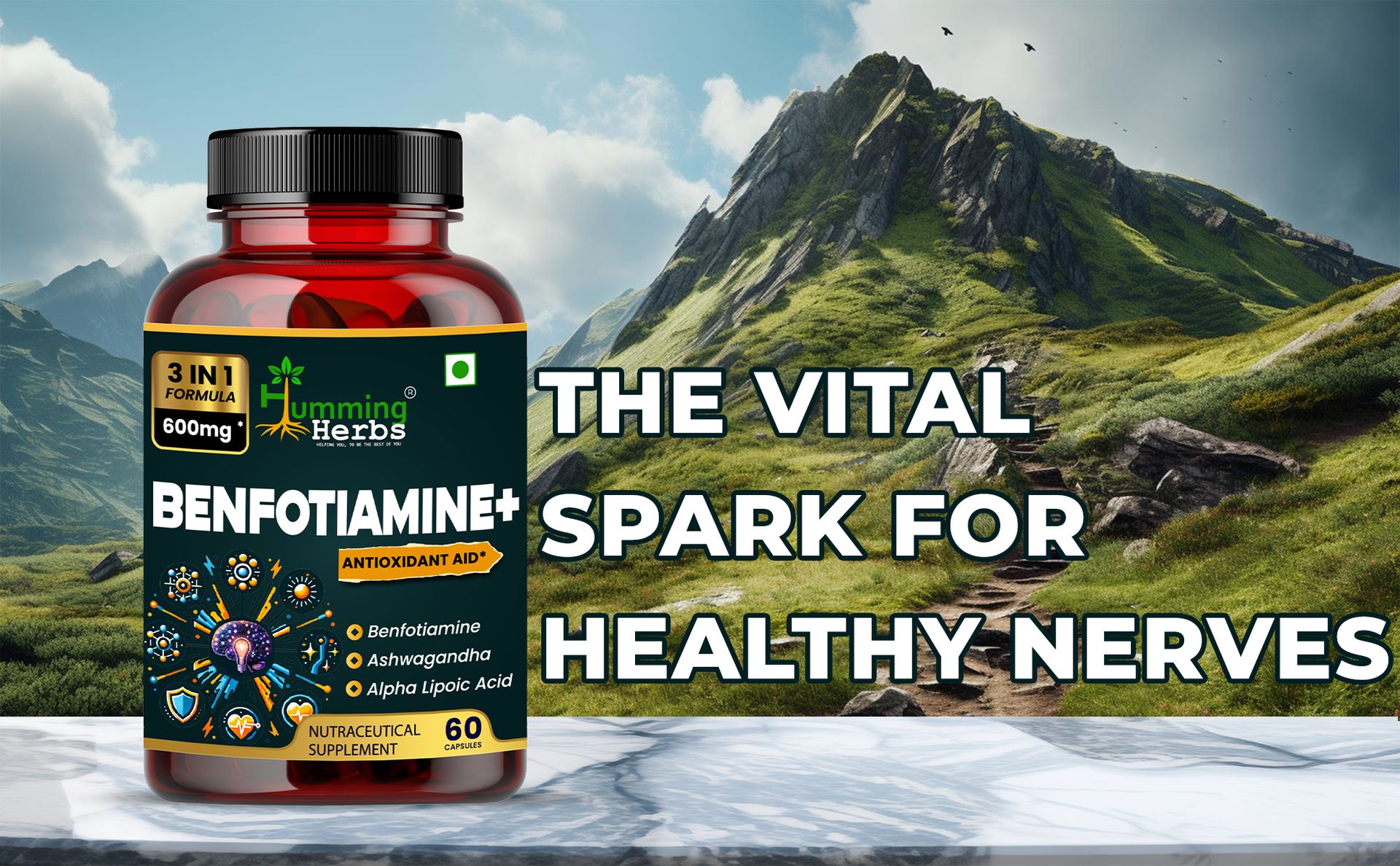 Humming Herbs Benfotiamine+ 600mg with Ashwagandha & Alpha Lipoic Acid - Antioxidant & Energy Support - Promotes Nerve Health & Metabolic Function - Nutraceutical Supplement (60 Caps)