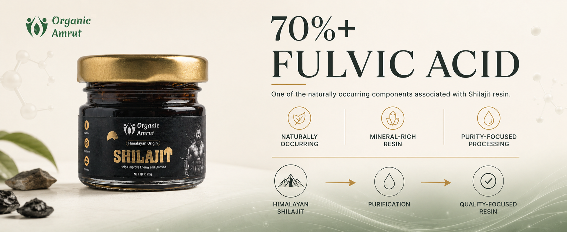 Pure Himalayan Shilajit Resin 20g - 70%+ Fulvic Acid, 250mg Per Serving, 80 Servings, Fulvic Acid & Trace Minerals, Lab Tested