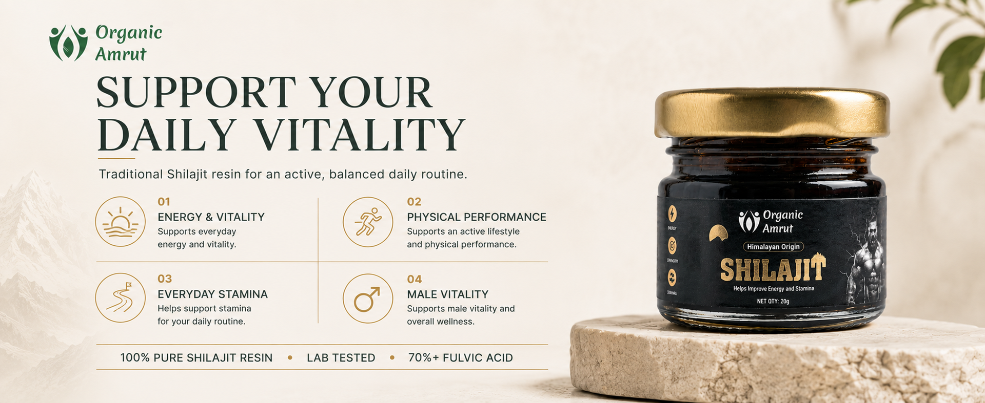 Pure Himalayan Shilajit Resin 20g - 70%+ Fulvic Acid, 250mg Per Serving, 80 Servings, Fulvic Acid & Trace Minerals, Lab Tested