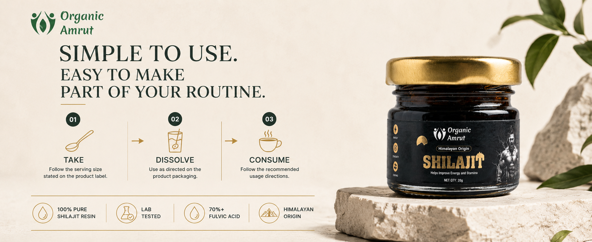 Pure Himalayan Shilajit Resin 20g - 70%+ Fulvic Acid, 250mg Per Serving, 80 Servings, Fulvic Acid & Trace Minerals, Lab Tested