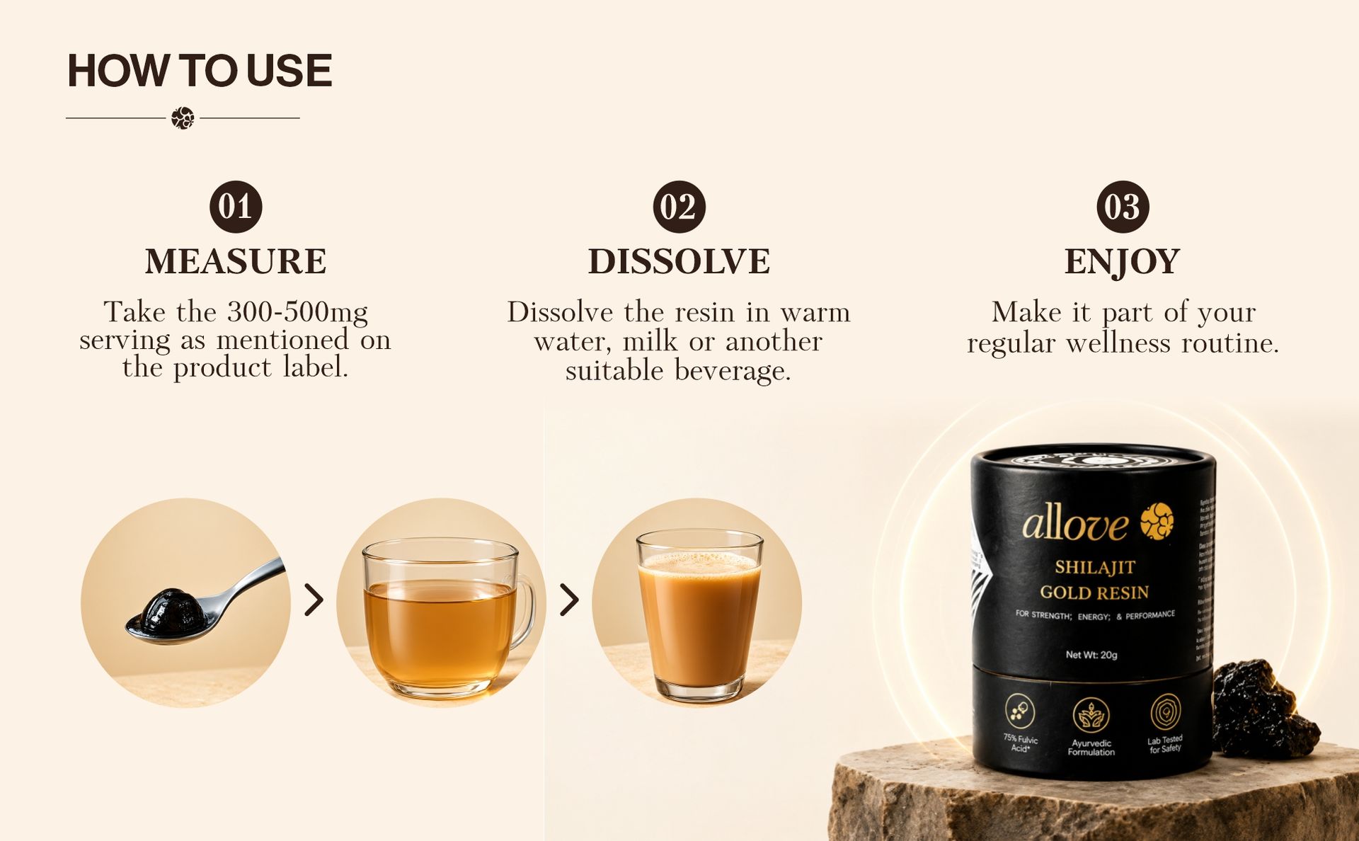Allove Shilajit Gold Resin | 20g | 400mg Per Serving | Premium Shilajit