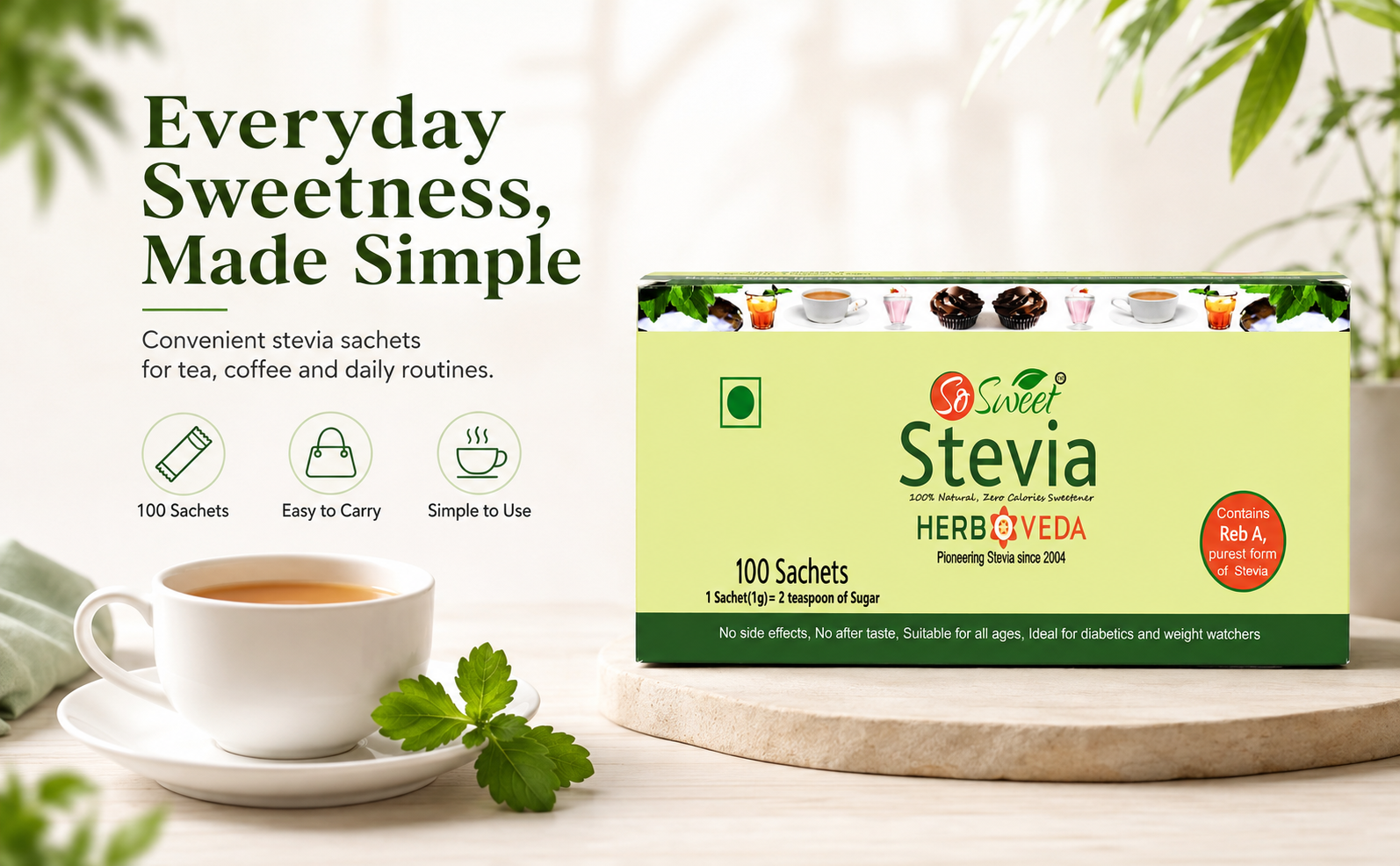 So Sweet Stevia Sachets - Sugar-Free, Natural Low-Calorie Sweetener, 100 Sachets, Ideal for Coffee, Tea, and Cooking, Diabetic & Keto Friendly, Zero Calories, Convenient for Everyday Use