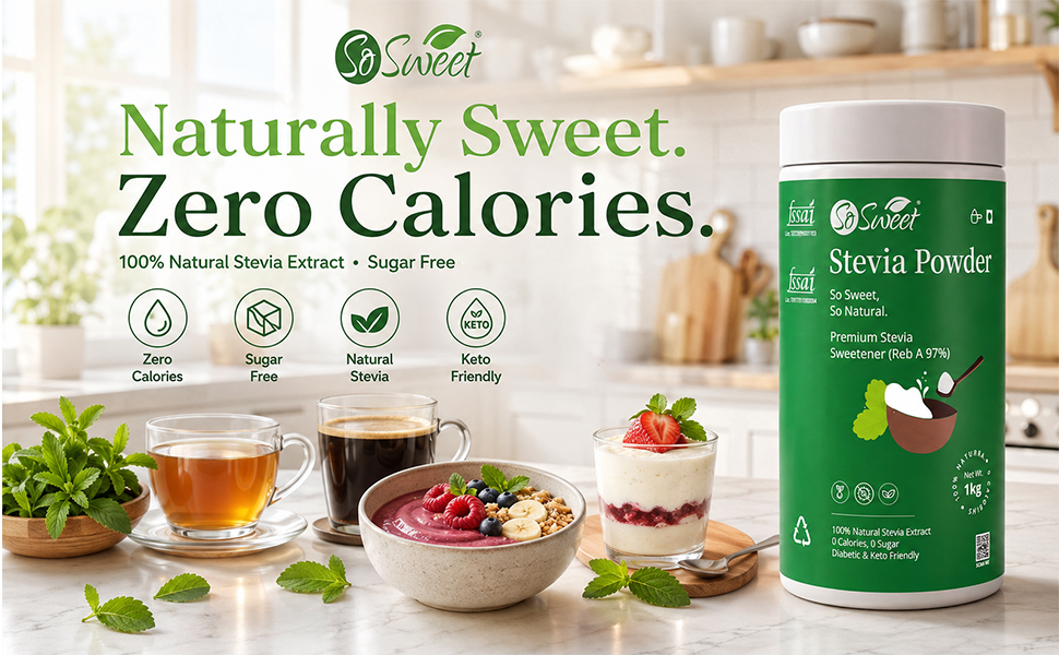 So Sweet Stevia Powder, Sugar-Free, 100% Natural Zero-Calorie Sweetener, Keto Friendly, Pack of 2 (1kg Each), Ideal for Cooking, Baking, and Sweetening Drinks