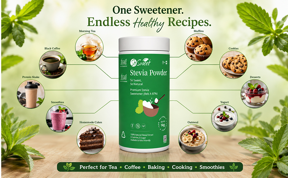 So Sweet Stevia Powder, Sugar-Free, 100% Natural Zero-Calorie Sweetener, Keto Friendly, Pack of 2 (1kg Each), Ideal for Cooking, Baking, and Sweetening Drinks