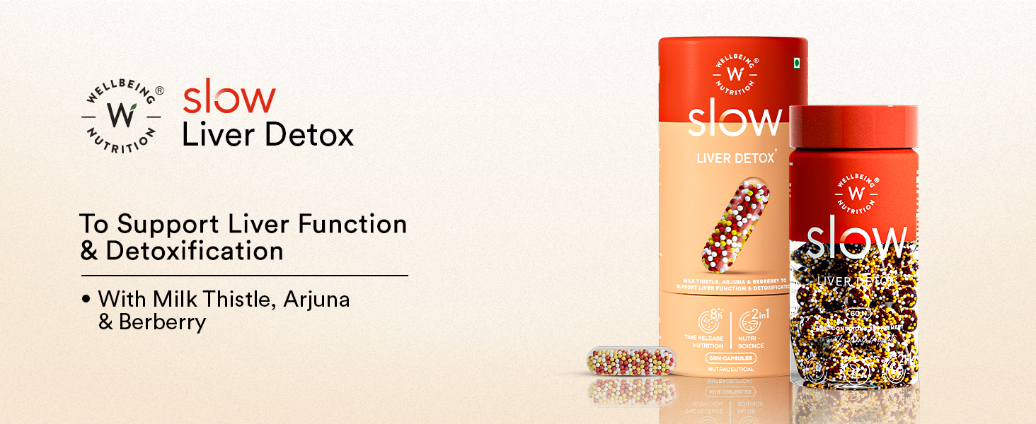 Wellbeing Nutrition Slow Liver Detox supplement with Pure Milk Thistle (80% Silymarin), Arjuna, Berberis, Detox & Digestive Enzymes| Supports Liver Health, Natural Detoxification | 60 Veg Capsules