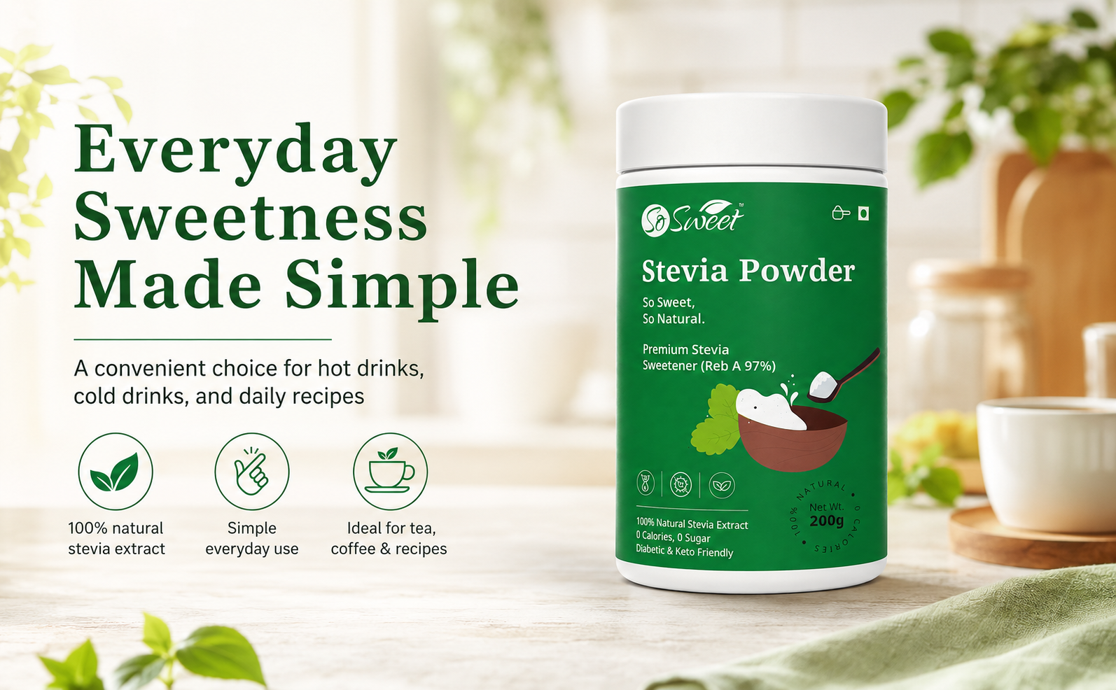 So Sweet Stevia Powder 200g, Natural Sugar Free Zero Calorie Sweetener