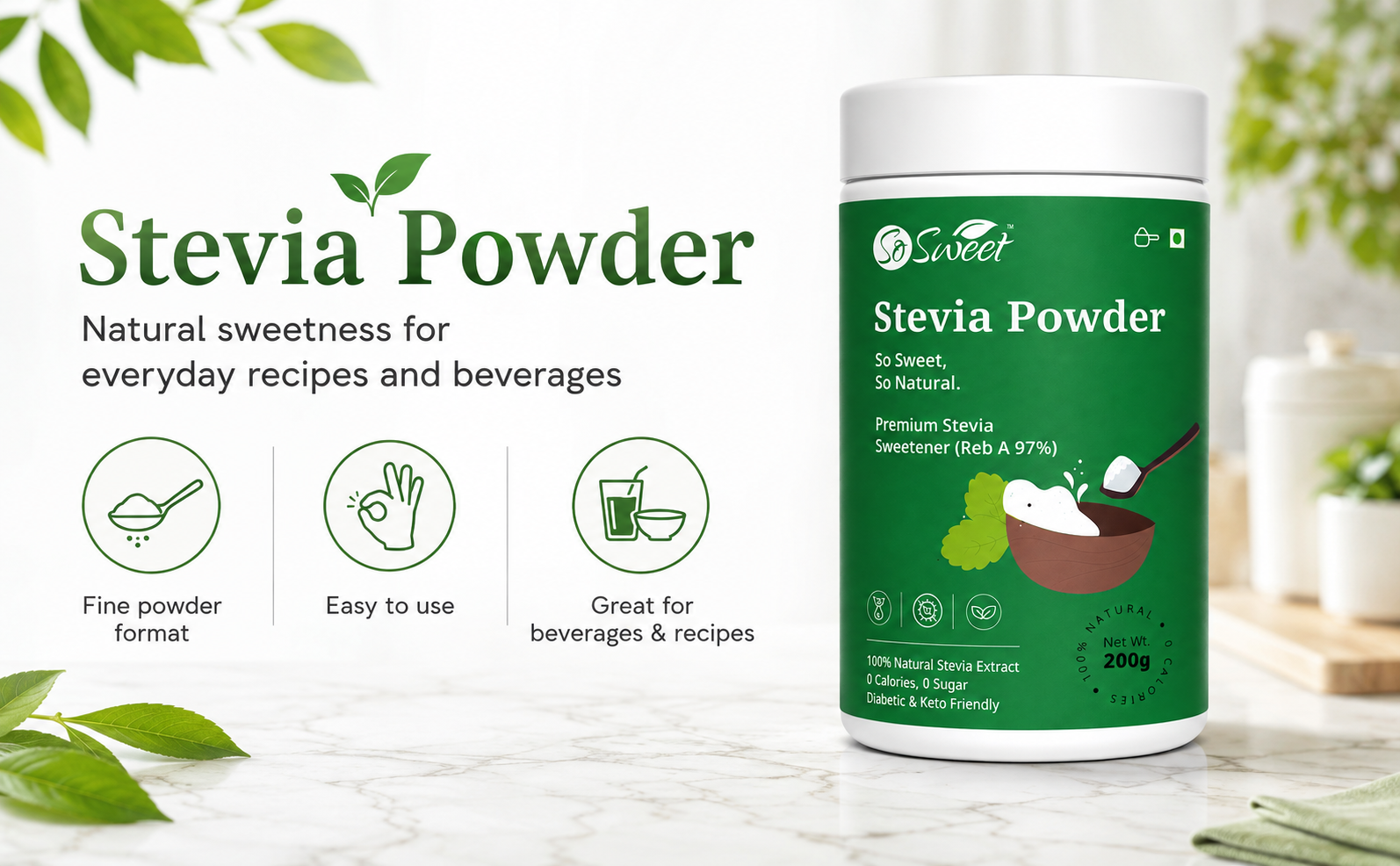 So Sweet Stevia Powder 200g, Natural Sugar Free Zero Calorie Sweetener