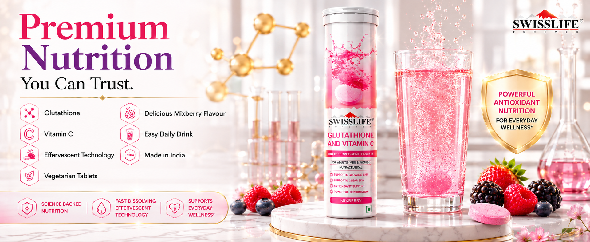 SwissLife Forever Glutathione And Vitamin C (15 Effervescent Tablets) Supports Glowing And Clear Skin | Antioxidant Support, Detoxification, Pigmentation and Tan Removal for Men And Women