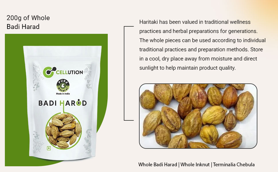 CELLUTION Badi Harad (Sabut) - 200gm Haritaki | Karakkaya | Yellow Terminalia Chebula | Kadukkai | Haritaki Natural | Inknut Whole | Harad Badi Pili | (200 Grams)