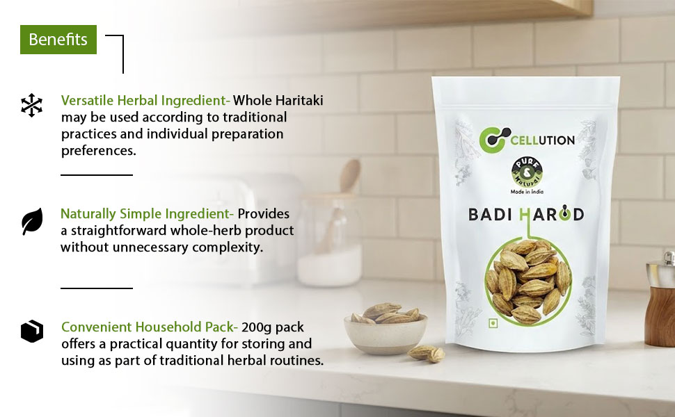 CELLUTION Badi Harad (Sabut) - 200gm Haritaki | Karakkaya | Yellow Terminalia Chebula | Kadukkai | Haritaki Natural | Inknut Whole | Harad Badi Pili | (200 Grams)