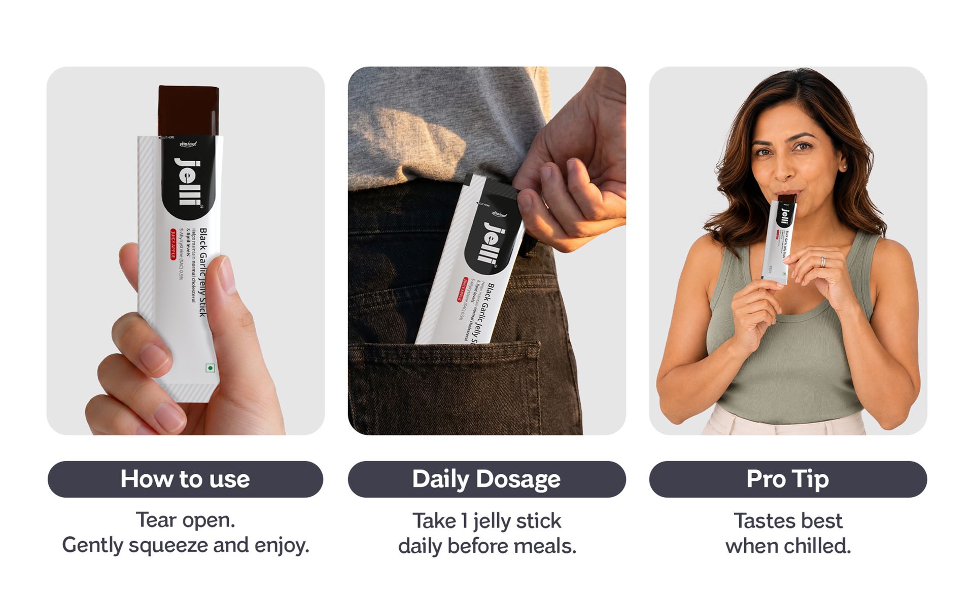 Jelli Black Garlic Jelly Stick | Korean Aged Black Garlic (500mg) with 0.5% S-Allylcysteine (SAC) | Juicy Apple Flavor | No Added Sugar | Ready-to-Eat Daily Jelly | 15 Sticks (15g Each)