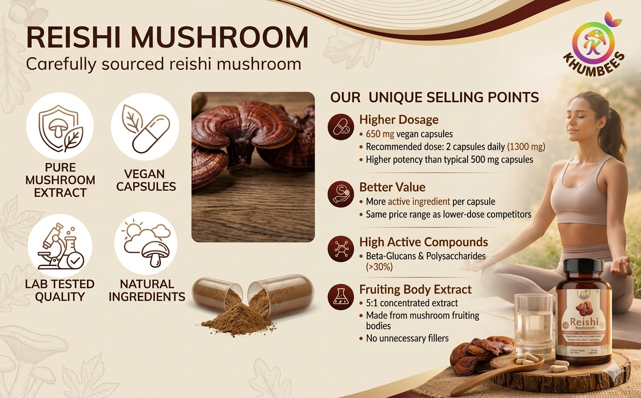 KHUMBEESS SUPERFOODS Reishi Mushroom Extract (650mg, 90 Veg Capsules) | High Potency Stress Relief & Sleep Support | Immune Booster, Heart & Liver Health | Natural Adaptogen & Anti-Inflammatory