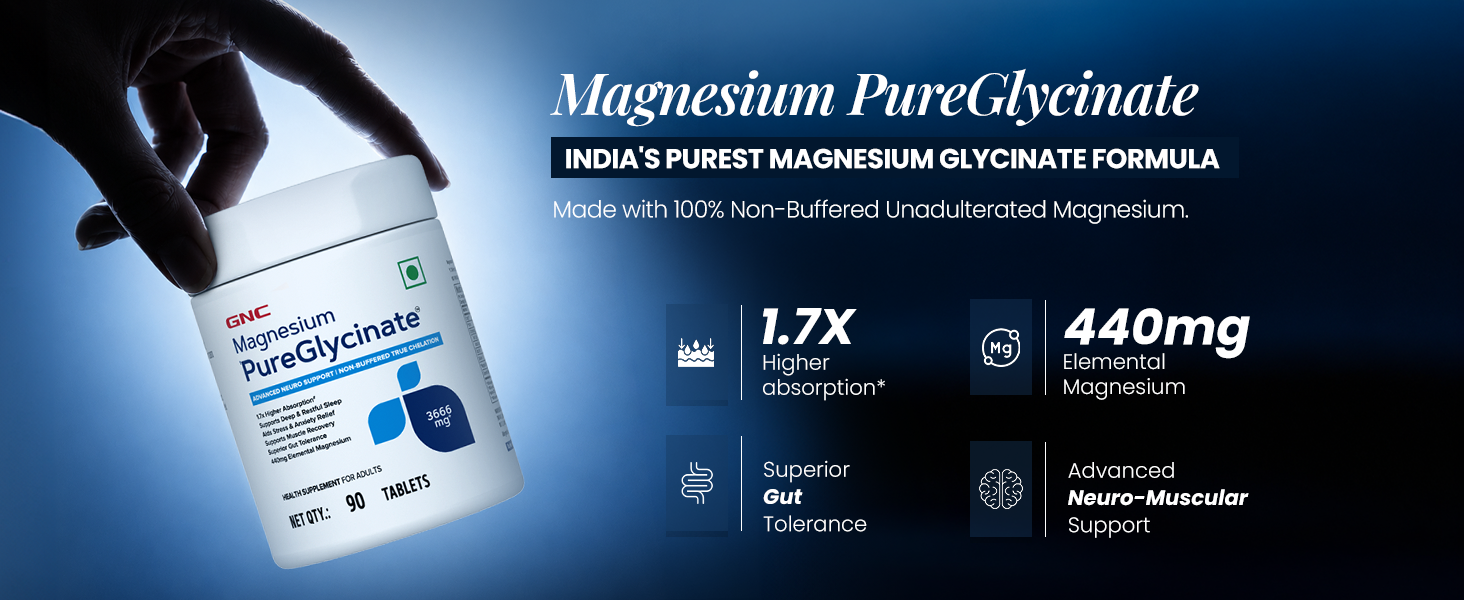 GNC Magnesium PureGlycinate 3666mg | 100% Non-Buffered | 440mg Elemental Magnesium | Supports Deep Sleep, Stress Relief & Faster Recovery | Superior Absorption | 90 Tablets