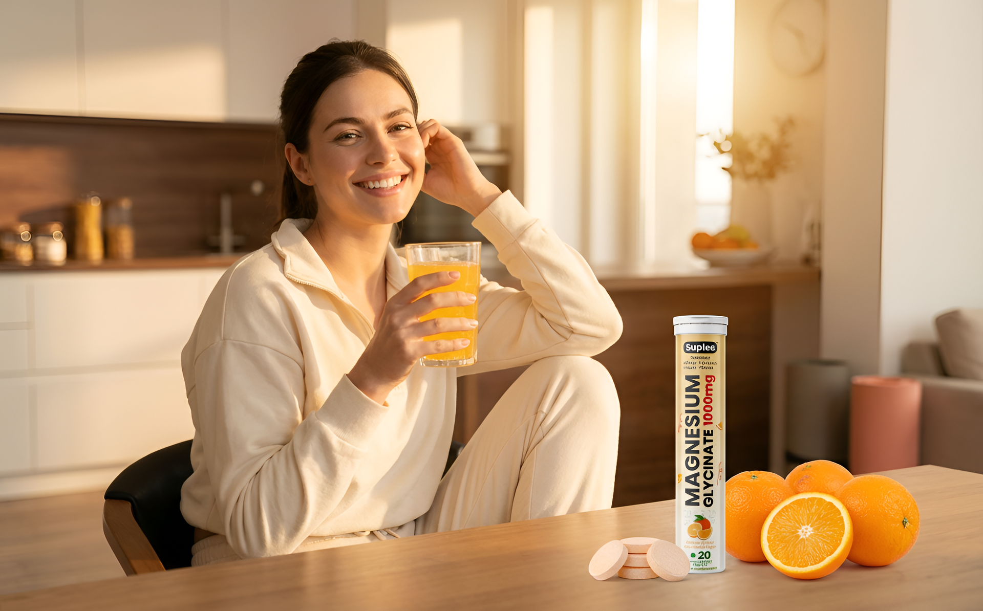 Suplee Magnesium Glycinate Effervescent Tablets 1000mg, Orange, 20 Count