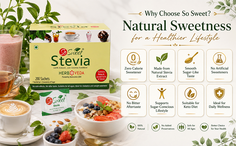 So Sweet Stevia Sachets Sugar Free Natural Sweetener | Low Calorie Sweetener for Tea, Coffee & Drink | Keto & Diabetic Friendly