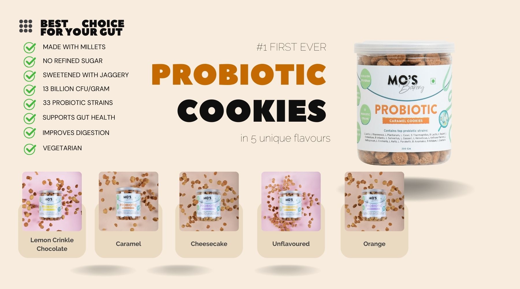 Mo's Probiotic Cookies, 200 G | Orange Digestive Cookies | Probiotic Supplement With 13 Billion CFU | 33 Probiotic Strains | Improve Digestion & Gut Health | Acidity Relief