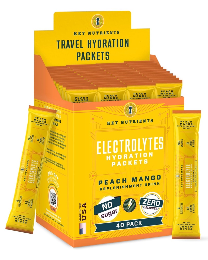 KEY NUTRIENTS Multivitamin Electrolytes Powder Packets - Tropical Peach Mango Post Workout and Recovery 40 Pack Hydration Packets - No Sugar, No Calories - Travel Hydration Powder 2