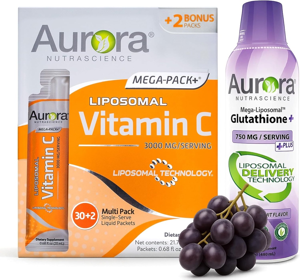 Vida Lifescience Aurora Nutrascience Mega Liposomal Glutathione, 750 mg, and Vitamin C, 3,000 mg, Immune Support and Antioxidant Bundle 2