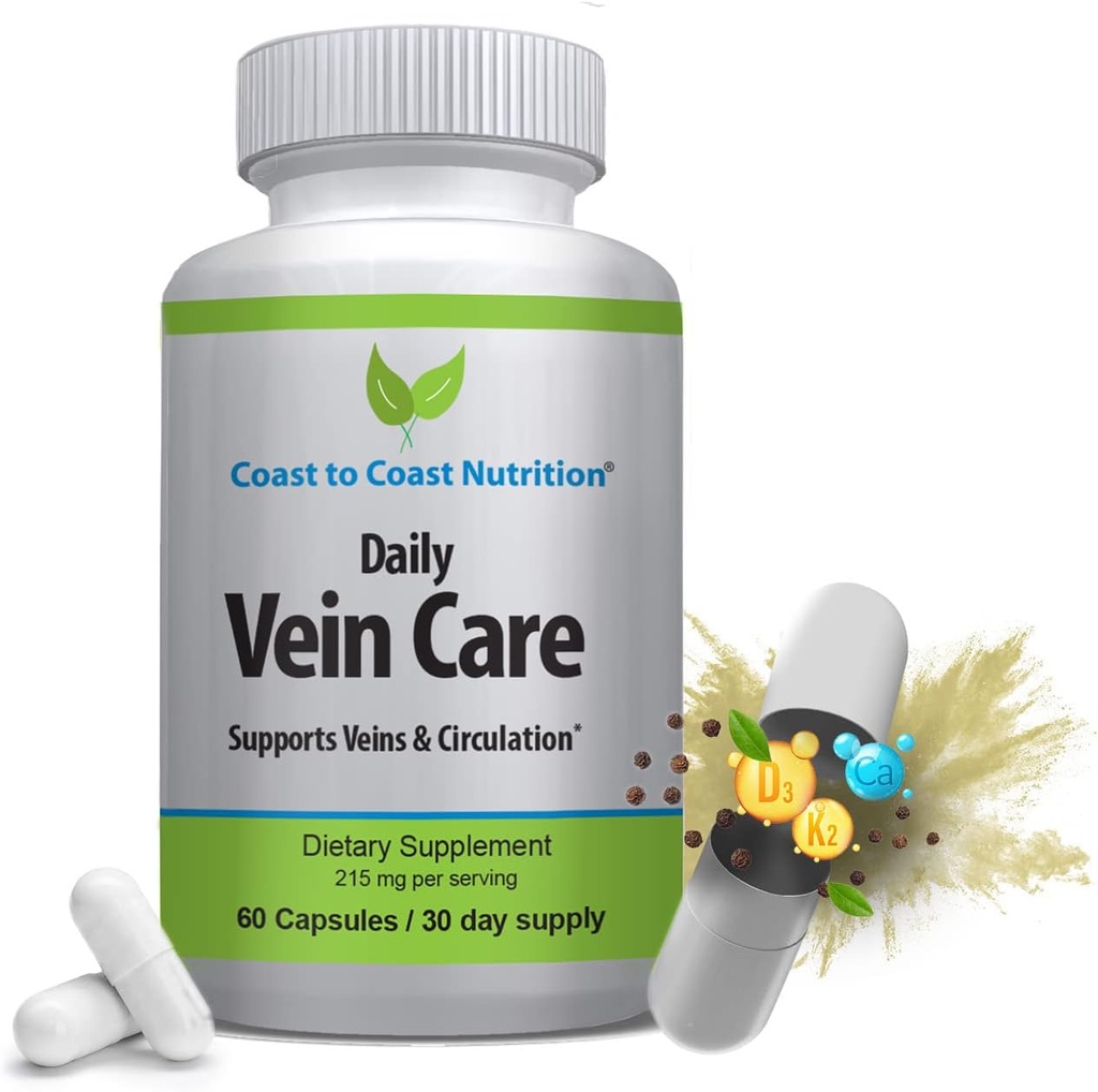 Daily Vein Care Supplement Capsules — Circulation Formula with a Natural Blend of Calcium, Vitamin D3, Vitamin K2 Plus BioPerine for Max Absorption Vein Formula — 60 Capsules 2