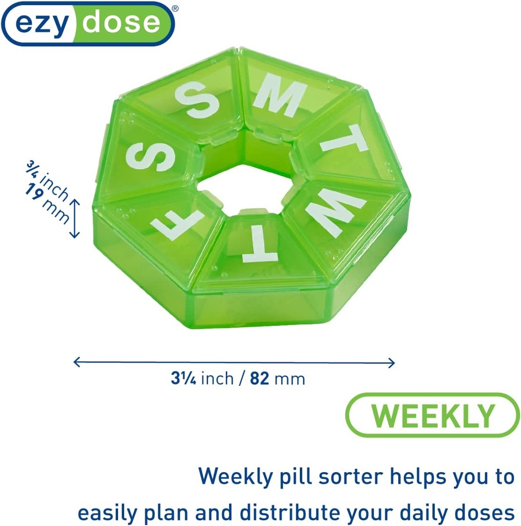 EZY DOSE Weekly Pill Organizer, Medicine Box, and Vitamin Planner, Travel Pill Planner, Portable Storage, 7-Sided, Green, BPA Free 3